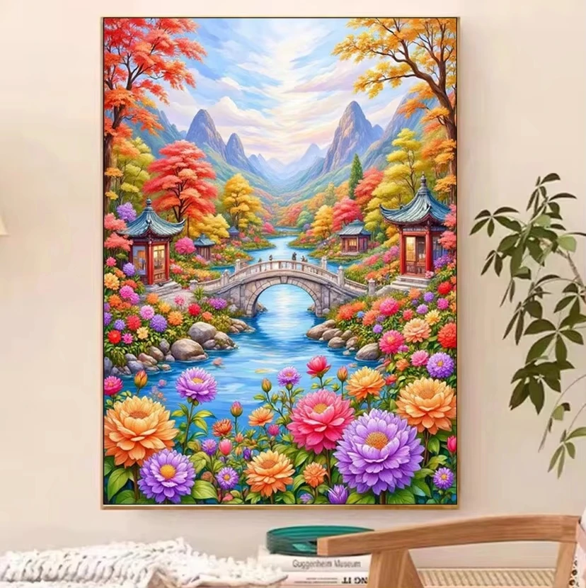 Peinture Diamant DIY Vallée d'Automne Orientale, Paysage Coloré de Pivoines, Pont en Pierre, Pavillon et Ruisseau de Montagne, Décoration Murale, Cadeau