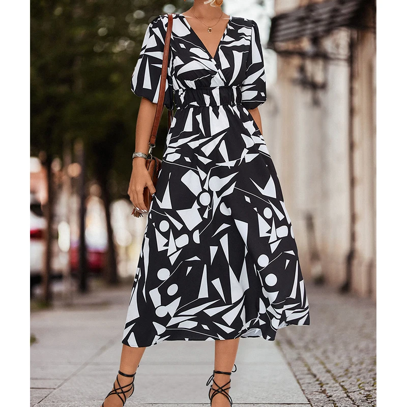 

Elegant Women's Summer Long Dress V-Neck Print Elastic Waist Beach Maxi Dresses Ladies Short Sleeve Sundress Female Vestidos