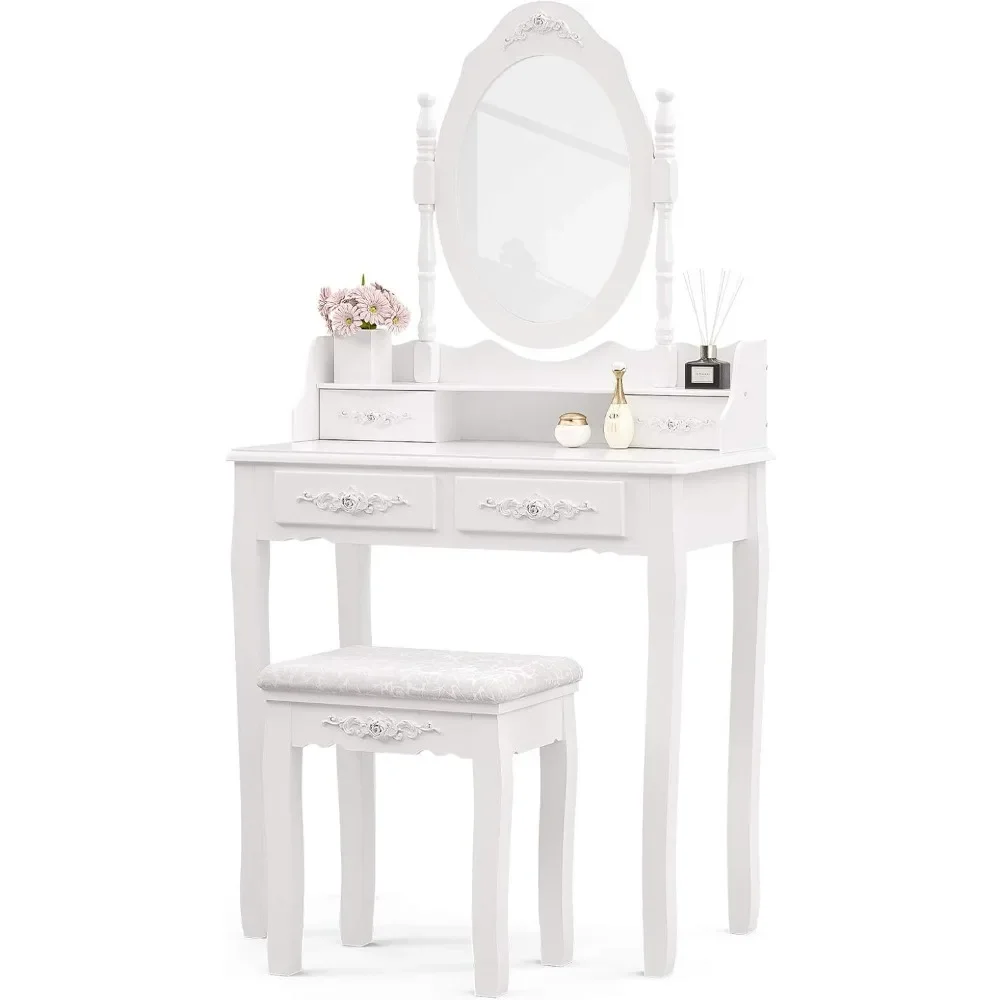 

Vanity Table Set ,Makeup Table with Oval Mirror & Stool, Bedroom Wood Dressing Table with 4 Drawers White