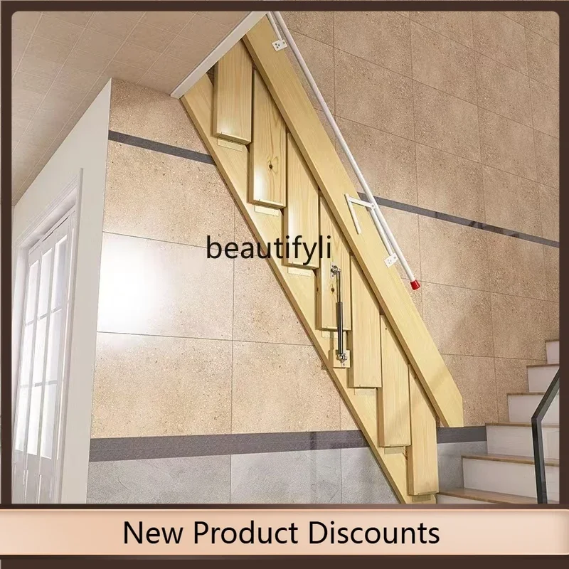 X  f4567Overall, solid wood folding staircase household interior, shrink wall-mounted telescopic ladder