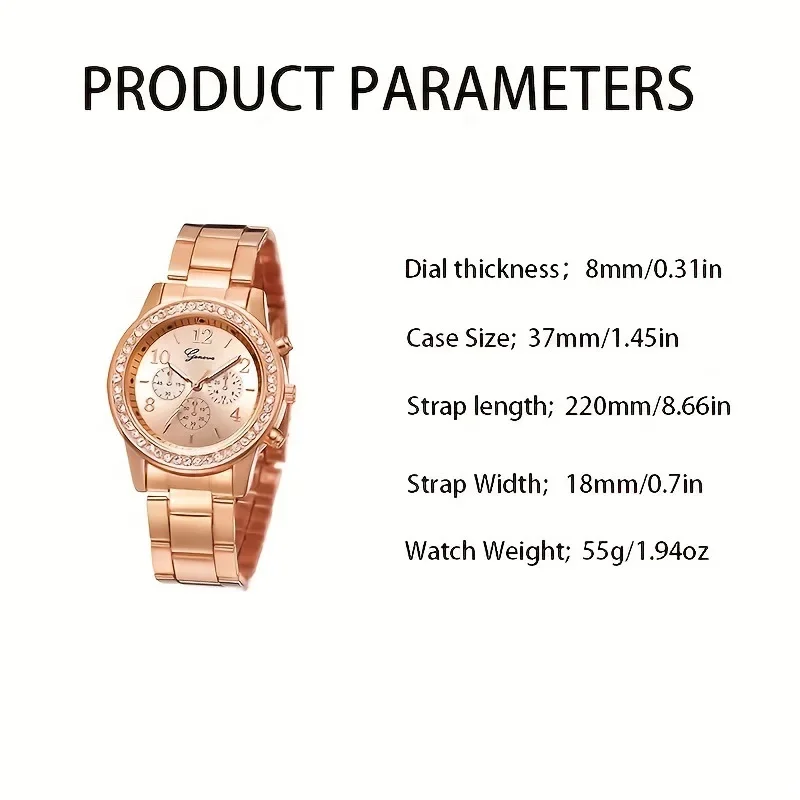 6PCS Set Rose Gold Luxury Watch Women Ring Necklace Earring Rhinestone Fashion Wristwatch Casual Ladies Bracelet Watches