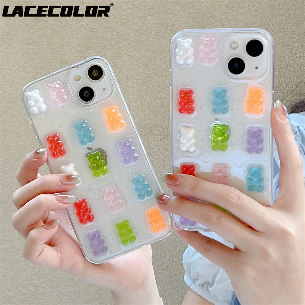 Süße glitzernde Candy Jelly 3D-Gummibärchen-Hülle für iPhone 15 14 13 12 11 Pro Max X XS XR Mini 7 8 Plus transparente weiche TPU-Abdeckung
