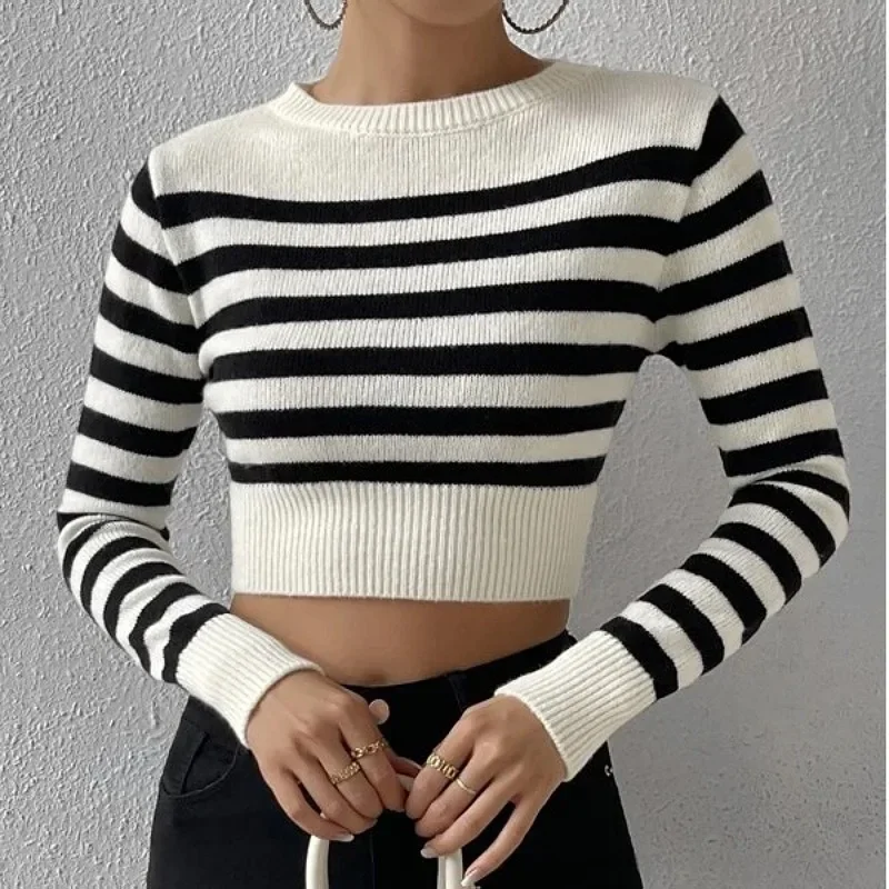 

Female Casual Clothing Women's Stripe Crop Knit Top Temperament Commuting Spring New Woman Fashion Long Sleeve Knitted Pullovers