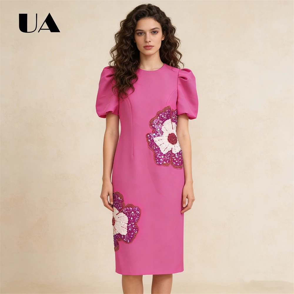 Fuchsia Structured Midi Dress with Sequin Flower Embellishments Puff Short Sleeves, Round Neck & Durable Fabric Cocktail Parties