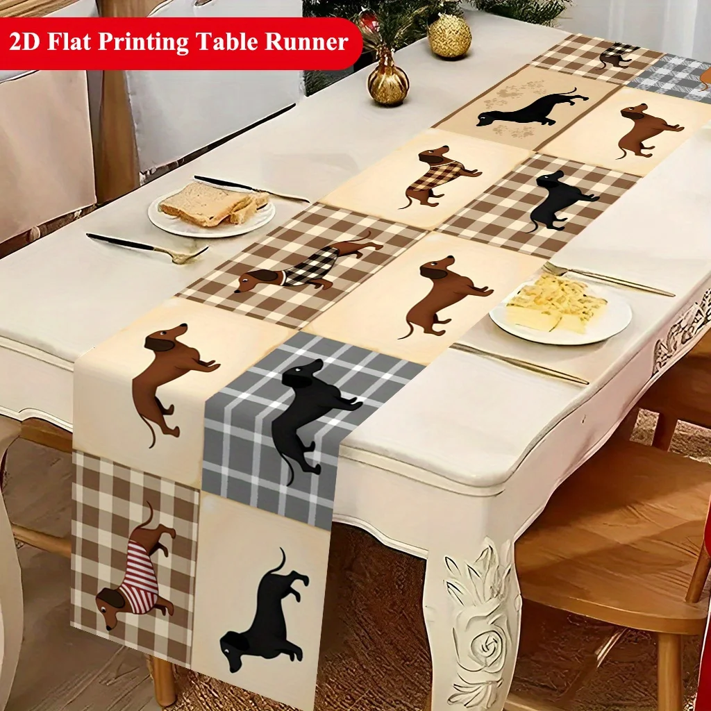 Cute Dressed Up Dogs Wearing Clothes Pattern Table Runner Funny Cartoon Puppy Pet Motif Decoration for Holiday Dining Home Party