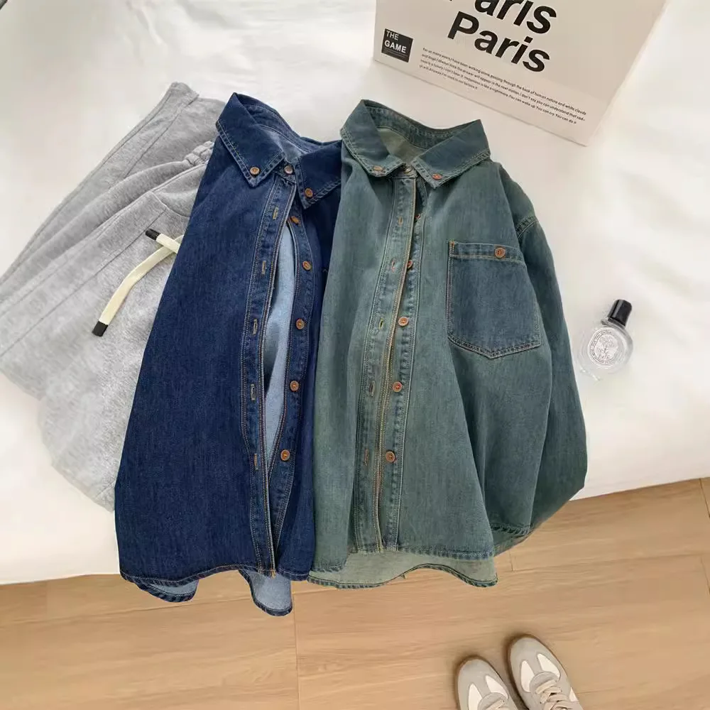 

Washed Blue Denim Shirt For Women Loose Casual Fashionable Short Autumn Cardigan Jacket