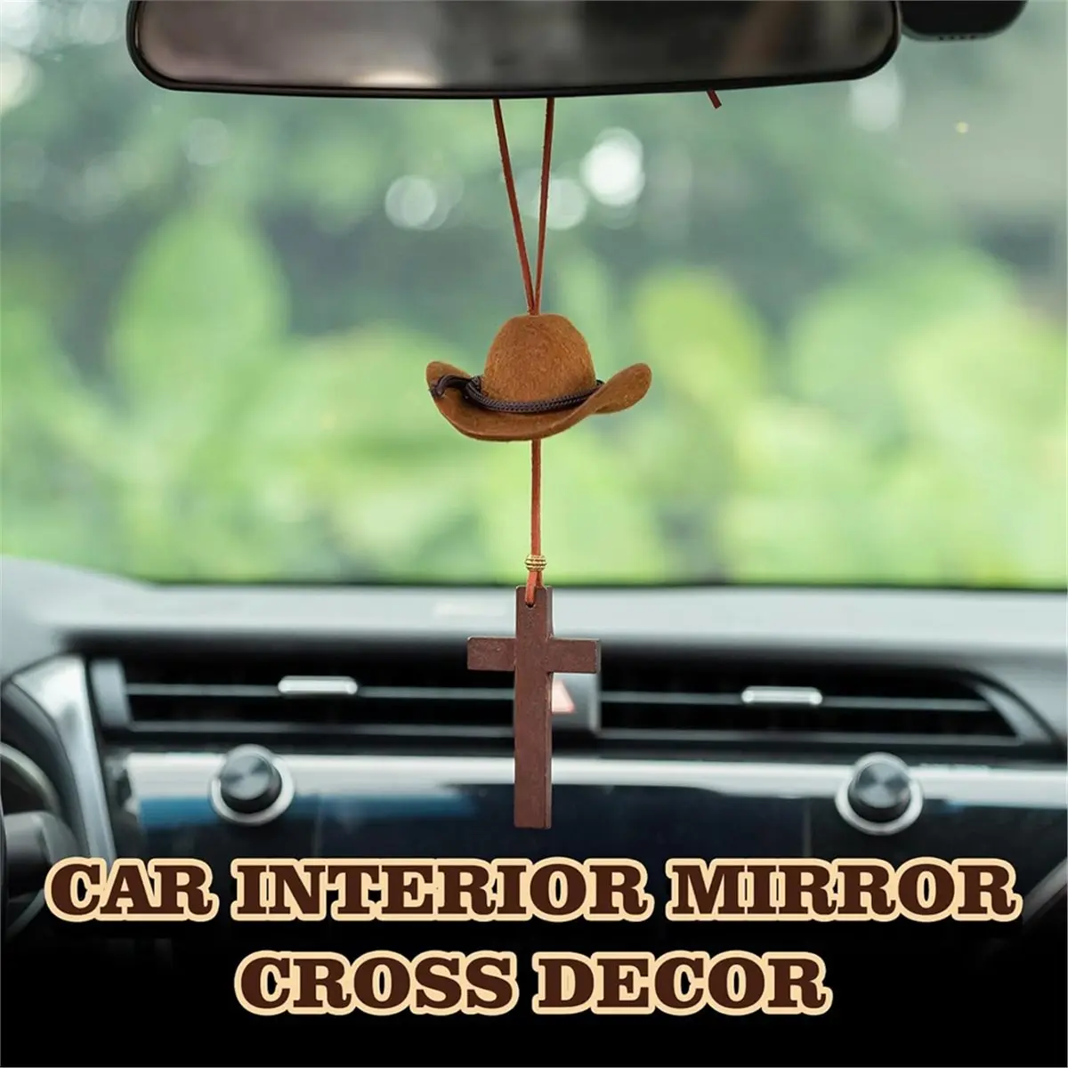 【~ NEW A25M】Cowboy Hat Car Charm, Wooden Car Rear View Mirror Hanging, Felt Hat Country Pendant Hanger for Car,Decor A