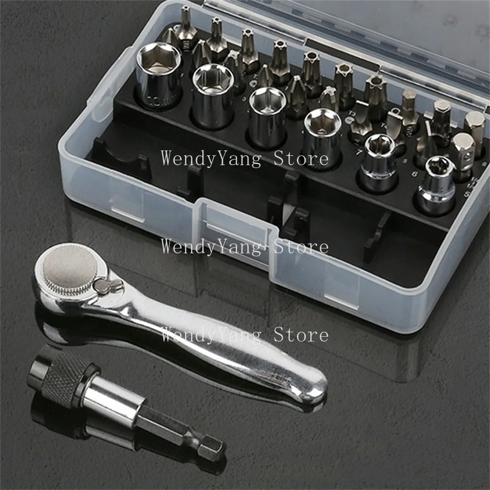 Multi Functional Front And Back Mini Socket Hex 28 In 1 72 Tooth Ratchet Wrench Screwdriver Set