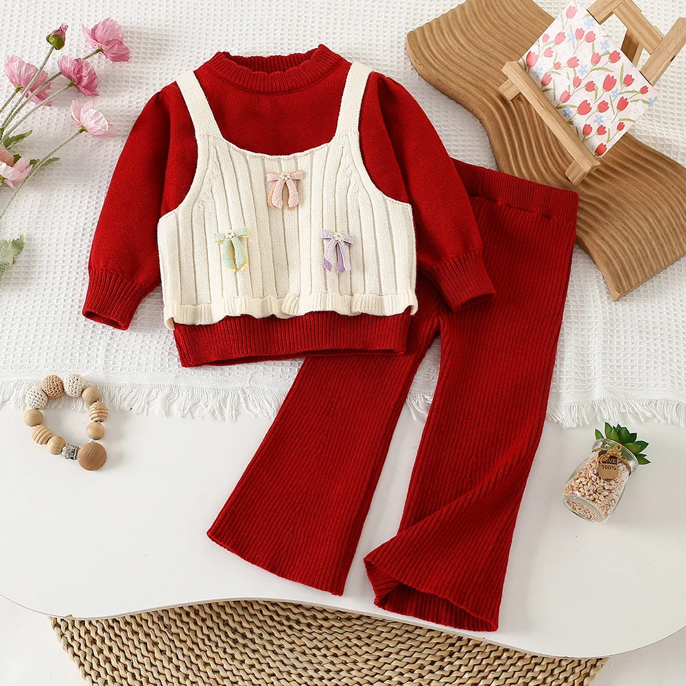 Girls jumper suit autumn winter new baby girl three butterfly  two-piece knitted trousers Korean version  sweet tops90-130cm