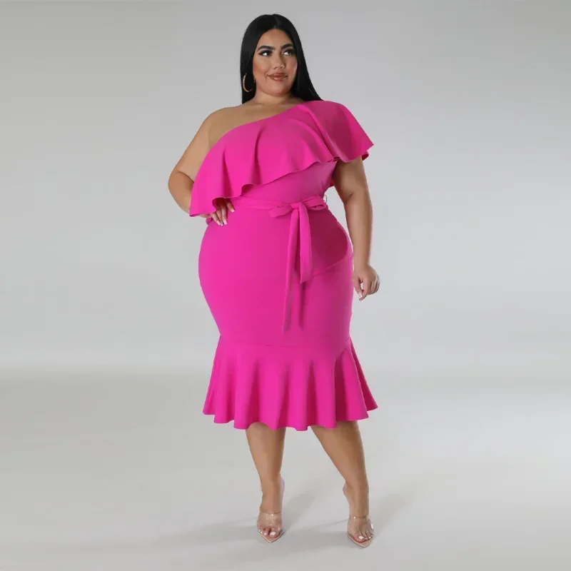 KEXU Plus Size Women Sexy One Shoulder Ruffles Bodycon Midi Dress Evening Summer 2024 Hollow Out Party Club Prom Dresses