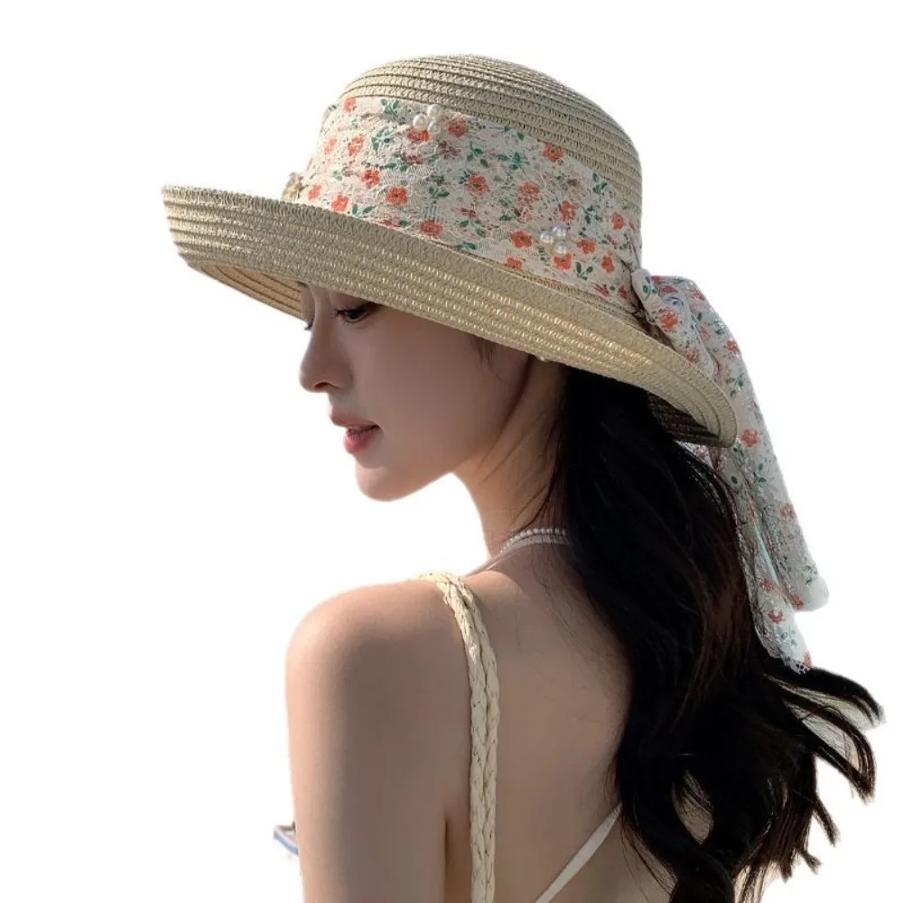 

Sunshade Cap Breathable Flower Fisherman Cap Adjustable Large Brim Lace Bowknot Straw Hat Anti UV Sweet Wide Brim Sun Hat Unisex