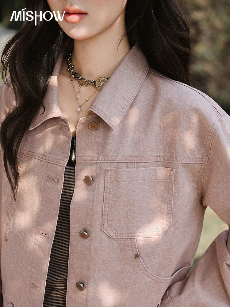 MISHOW Lapel Collar 100 Cotton Denim Jacket  2026 Spring Chest Pocket Single-breasted Coats Casual Loose Pink Jacket MXF14W1060