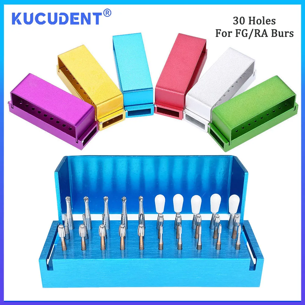 KUCUDENT Dental 30 Holes Bur Holder Sterilization Storage Block Organizer Box Aluminium Autoclavable For High and Low Speed Burr