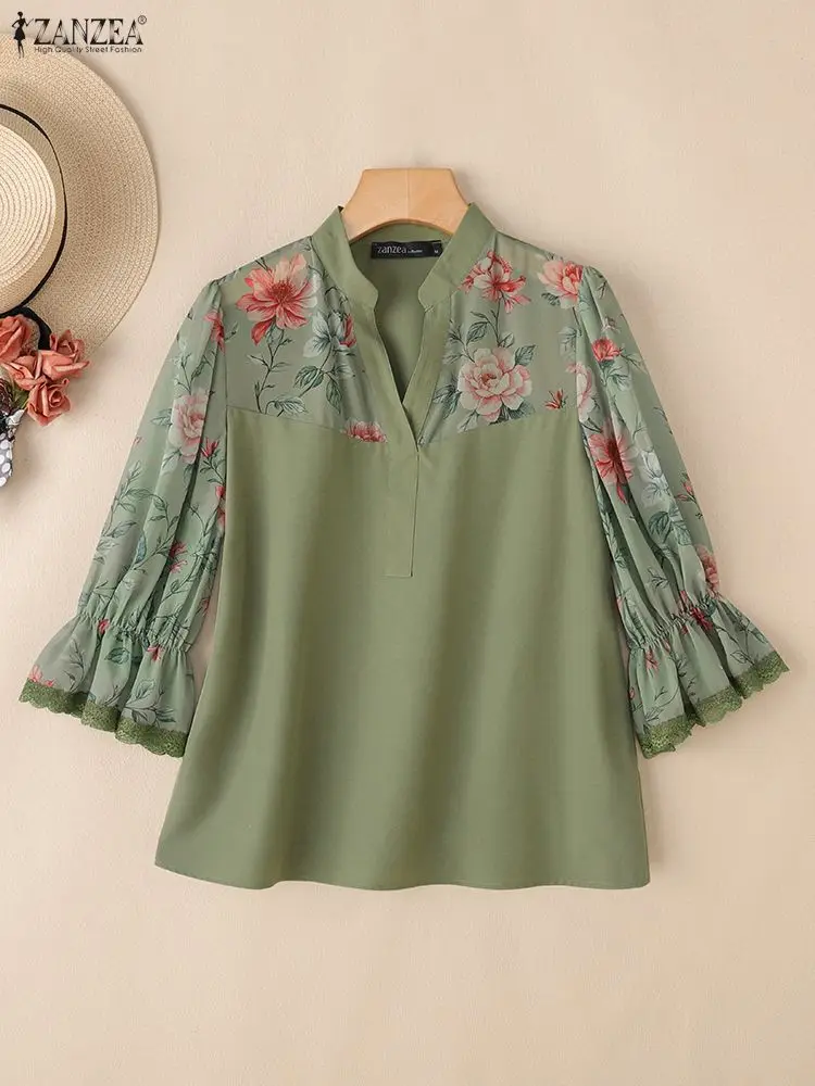 

ZANZEA Floral Printed Chiffon Patchwork Sheer Blouses Women Elegant Tops V-Neck 3/4 Puff Sleeve Lace Trim Woman Clothes S-3XL