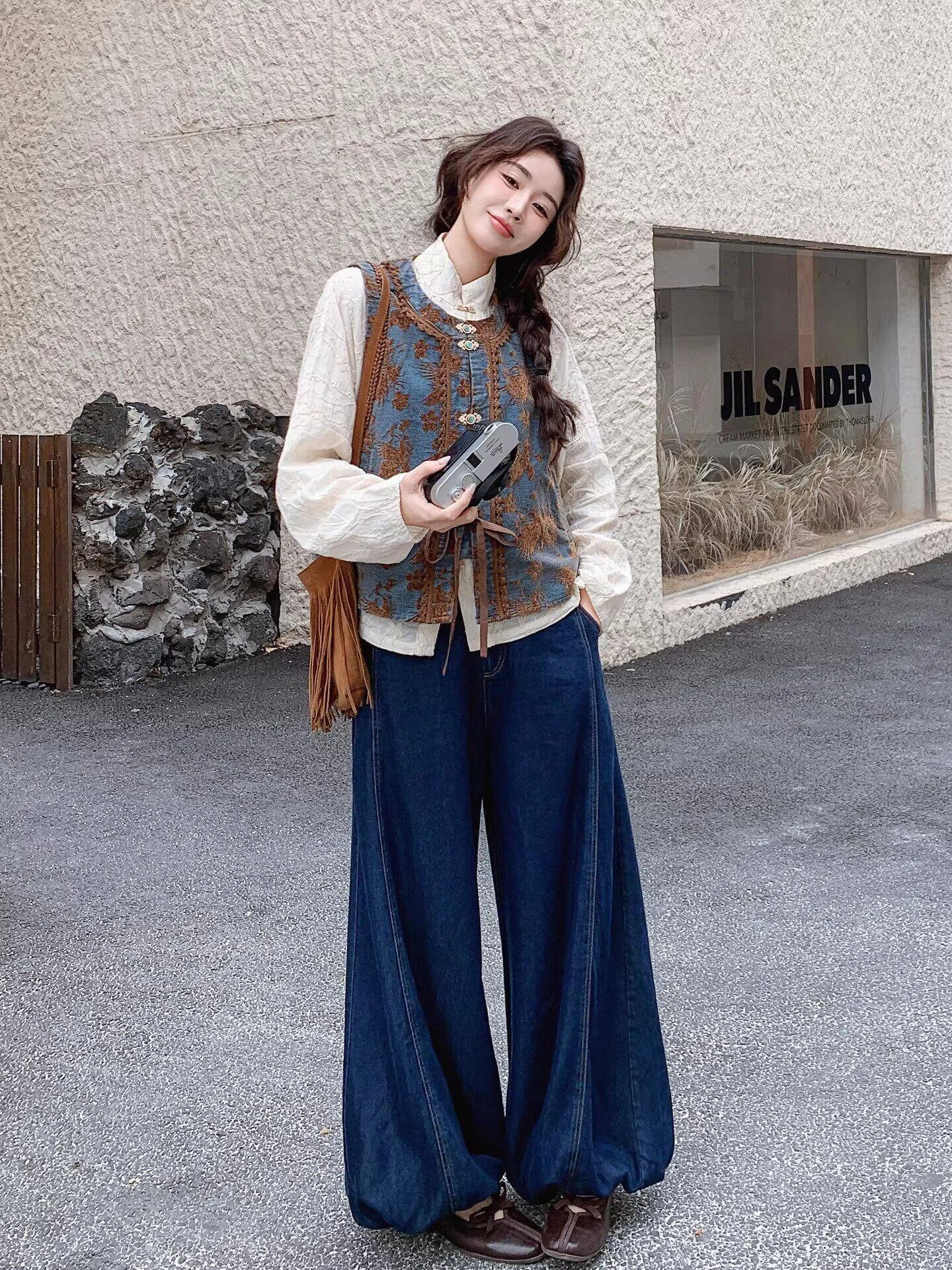 

Spring Design Large Size Vest Top Age-Defying Slimming High Waist Wide Leg Jeans Three-Piece Set Casual Loose Fit Breathable