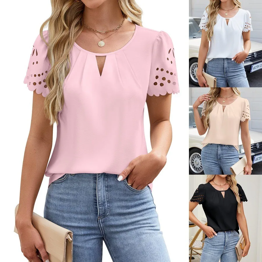 

Summer Women Blouse V Neck Cap Sleeve Solid Color Blouses Hollow Out Chiffon Blouse Pink Sheer Loose Fit Top