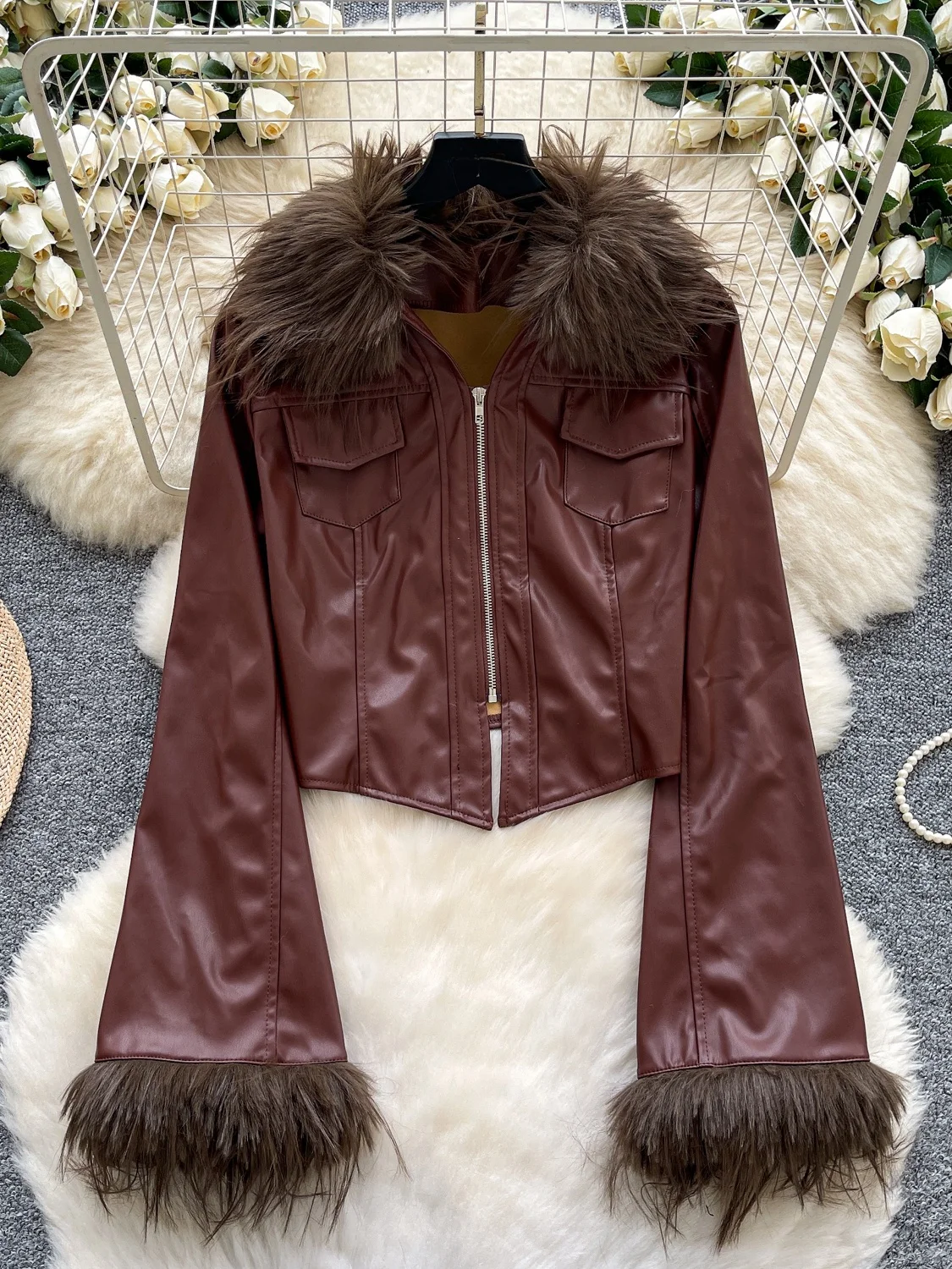

Retro Sle ort PU Leather Jaet Women's Spring Commute Sle Faux Fur Collar Splicing Outerwear Ele Anti-Aging