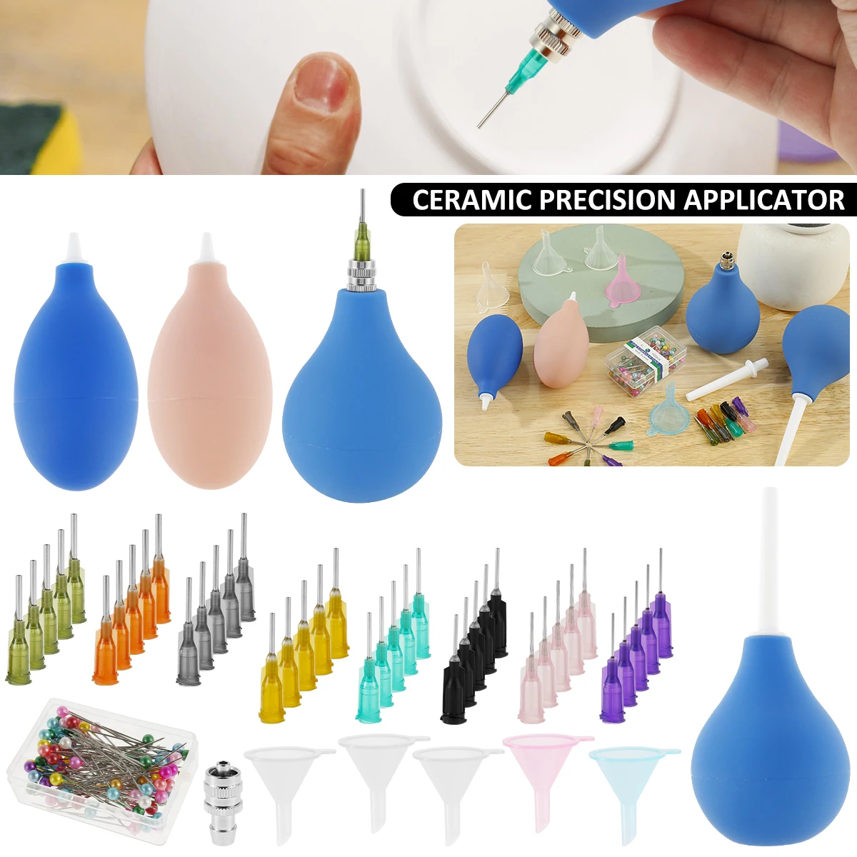 Pottery Precision Applicator Set with Plastic Steel Needles Funnel Connector and Unclogging Needle 3oz 2oz Lightweight Ceramic