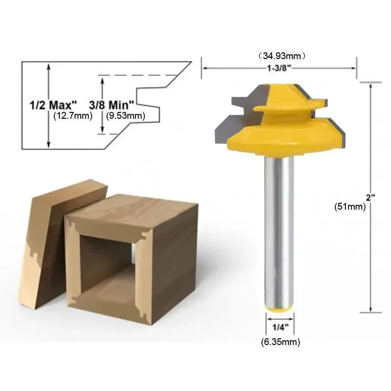 45 ° Miter Router Bit para Carpintaria, Right Angle Tenon Milling Cutter Tool, Fresagem de perfuração para madeira, Carbide Alloy