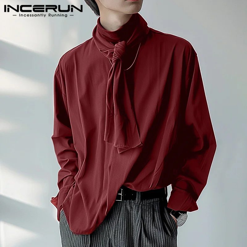 INCERUN Men Shirt Solid Color Turtleneck Long Sleeve Button Lace Up Men Clothing Streetwear Loose Korean Fashion Casual Shirts