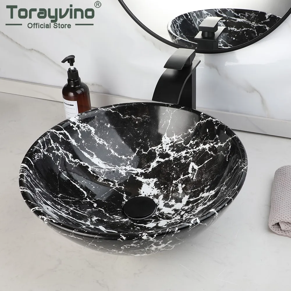 Torayvino Ceramic Bathroom Vessel Basin Marbling Round Bowl Vainty Sink Above Counter with Waterfall Faucet and Pop-up Drain Set