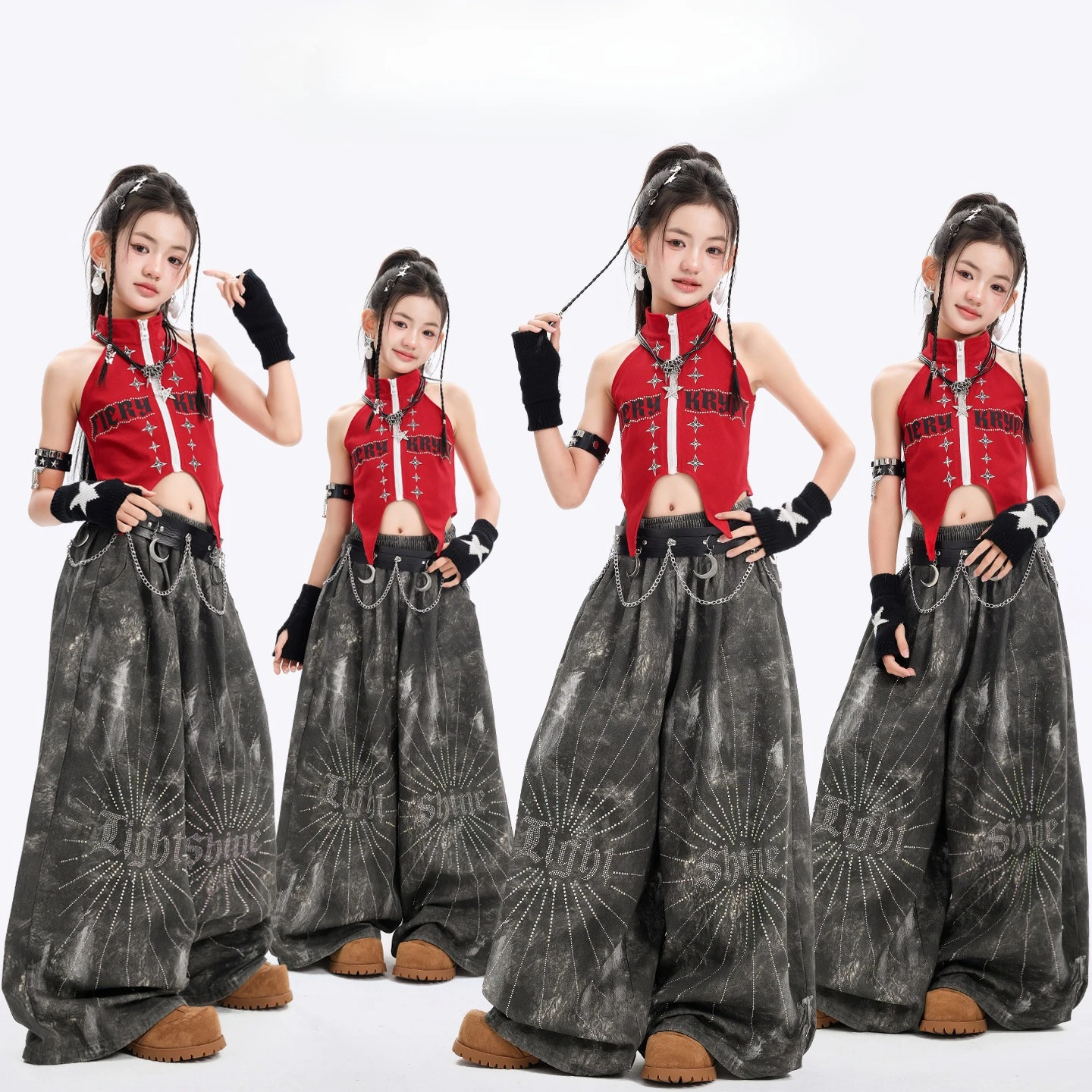 Girls K-pop Rrd Crop Zip Top Black Gray Long Pants Dance Shorts Children Hip Hop Streetwear Kids Jazz Girl Group Clothes Sets
