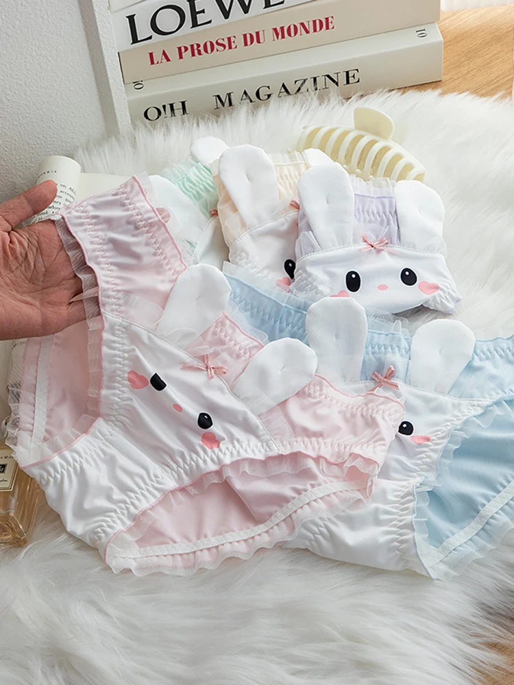 Cartoon Cute Rabbit Underpants Lolita Girls Japanese Printed Rabbit Milk Silk Panties Medium Low Waist Lace Edge Triangle Pants