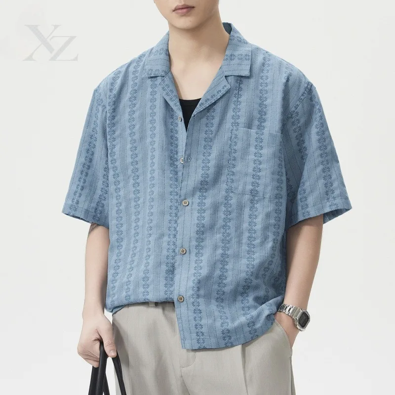 Opening Sale |Men's Fashion Versatile Jacquard Plus Size Shirt Top with Chest Pocket Cuban Collar Short Sleeve Casual Button Dow