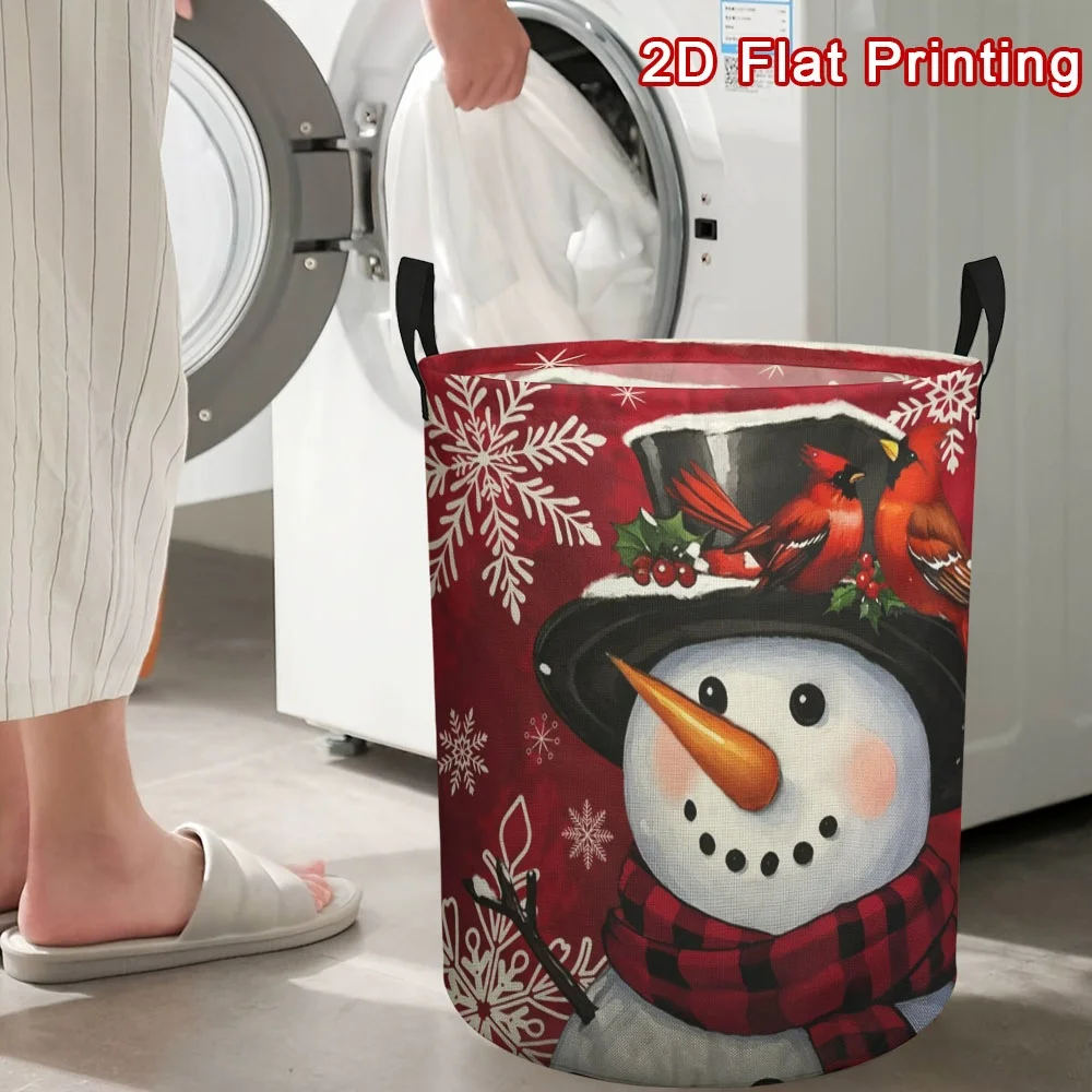 1pc, Festive Winter Snowman Print Storage Basket, Polyester Organizer with Cheerful Snowman Red Cardinal Snowflake Pattern