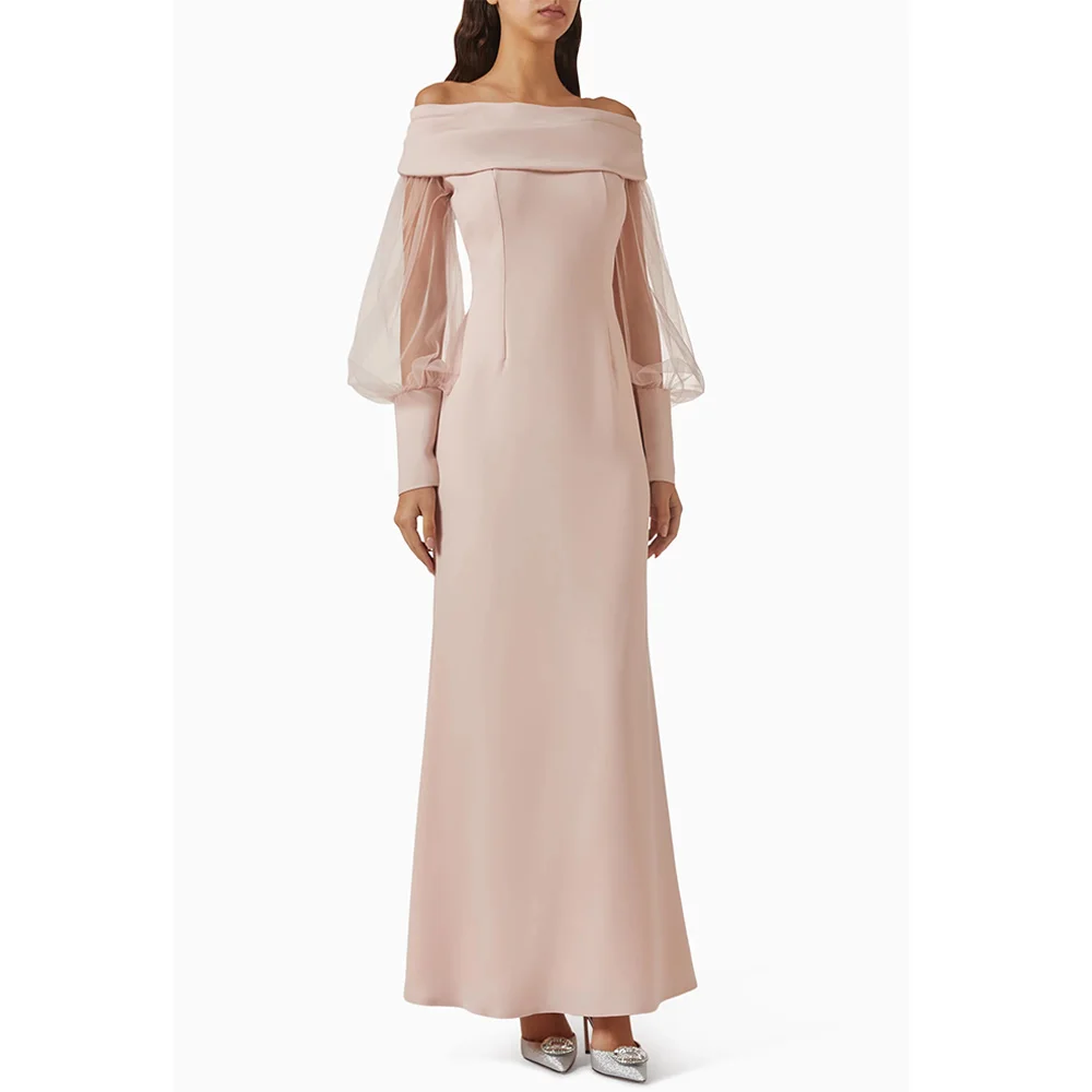 ชุดราตรีทรงเมอร์เมดคอเรือเรียบง่าย แขนพองแบบสั่งตัด ความยาวระดับข้อเท้า สไตล์โมเดิร์นแบบอาหรับ สำหรับงานแต่งงาน งานเลี้ยง งานพรอม