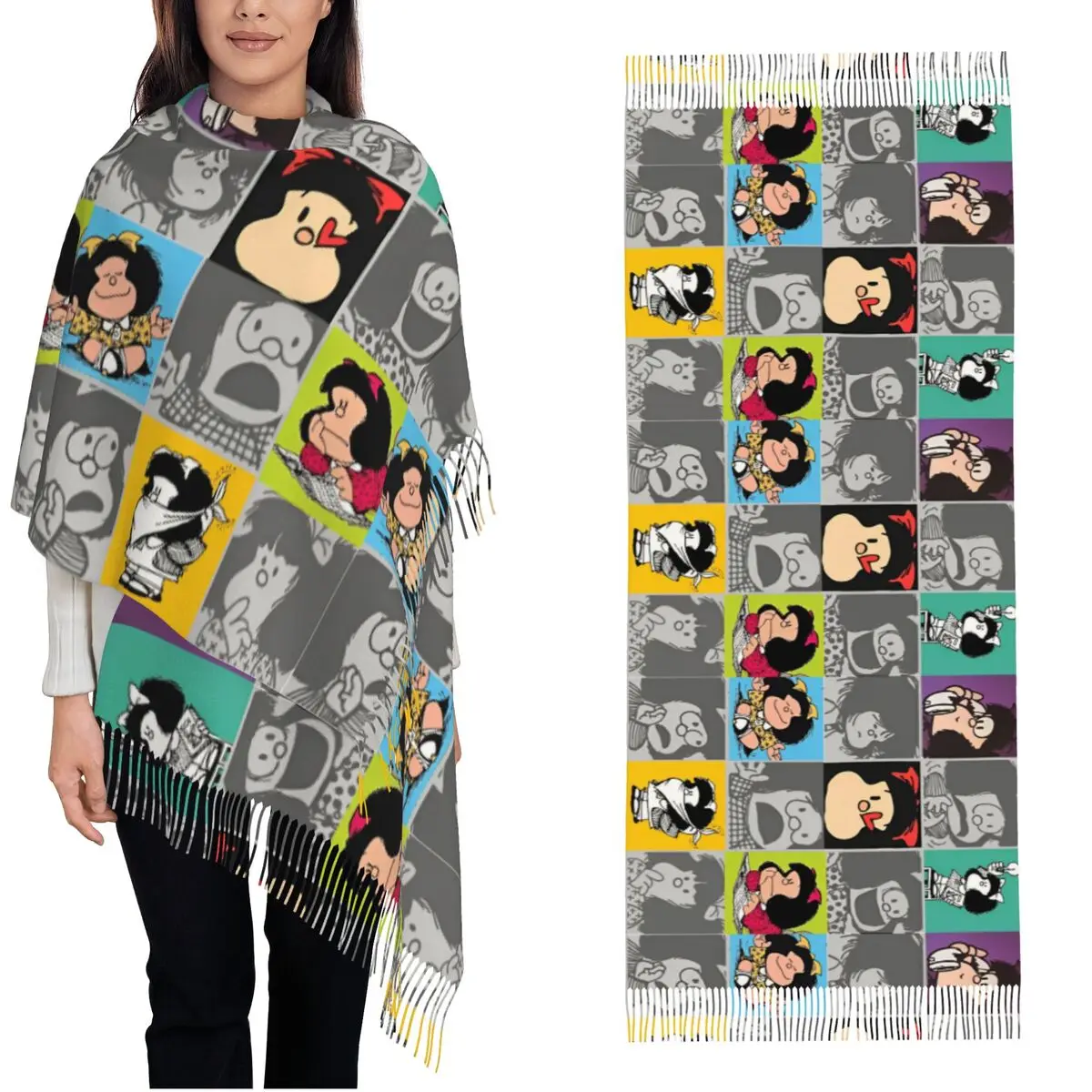 Mafalda Anime Cute Cartoon Shawl Wraps for Ladies Warm Large Soft Scarf Manga Comic Pashmina Shawl Scarves