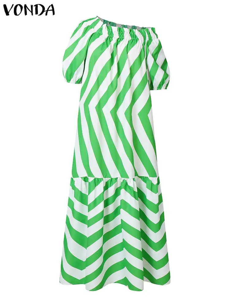 Plus Size 5XL VONDA Women Off spalla Dress 2024 Summer Skew Collar abiti stampati Stripe Maxi Long Vestidos Bohemian Sundress