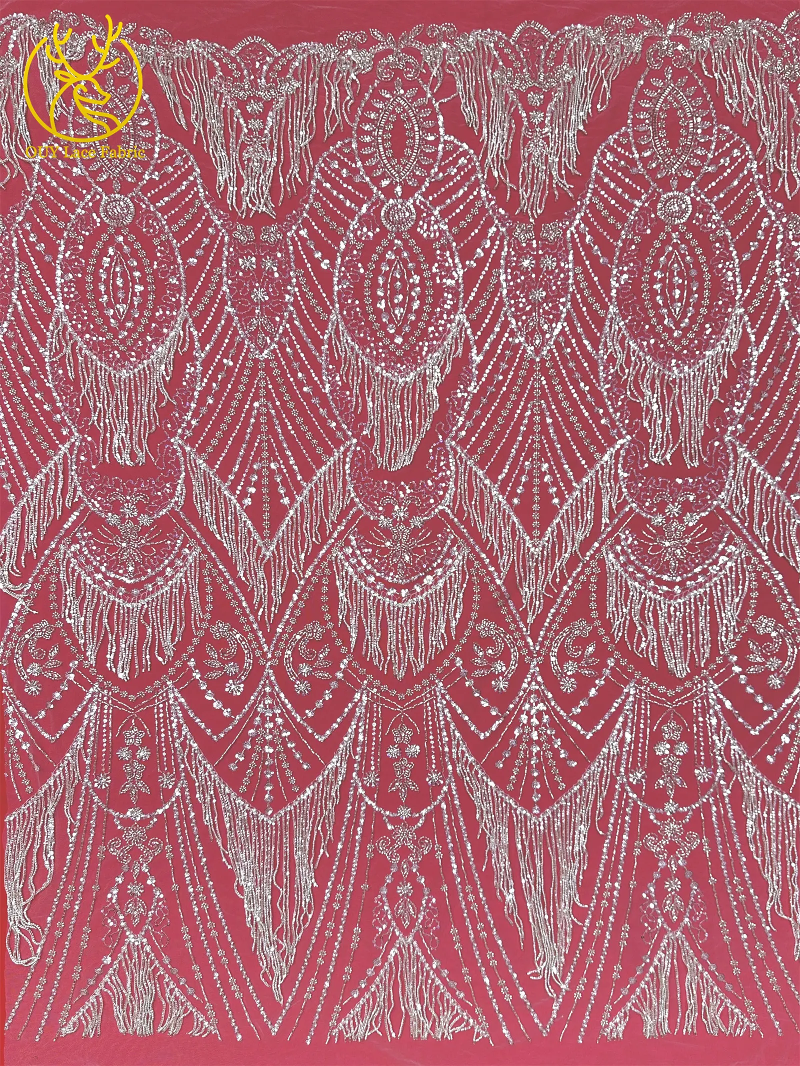 Roter 3D afrikanischer nigerianischer Perlen-Spitzenstoff, französischer Pailletten-Tüll, bestickter Spitzenstoff für Damen, Hochzeitsdekoration, Kleid, Nähen – Detail 13