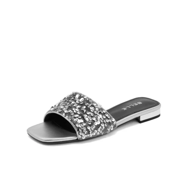 Sequin Slippers Women Shoes Summer Square Heel Comfortable Walking Shoes for Women Sandals Square Toe Open Toe Women's Slippers