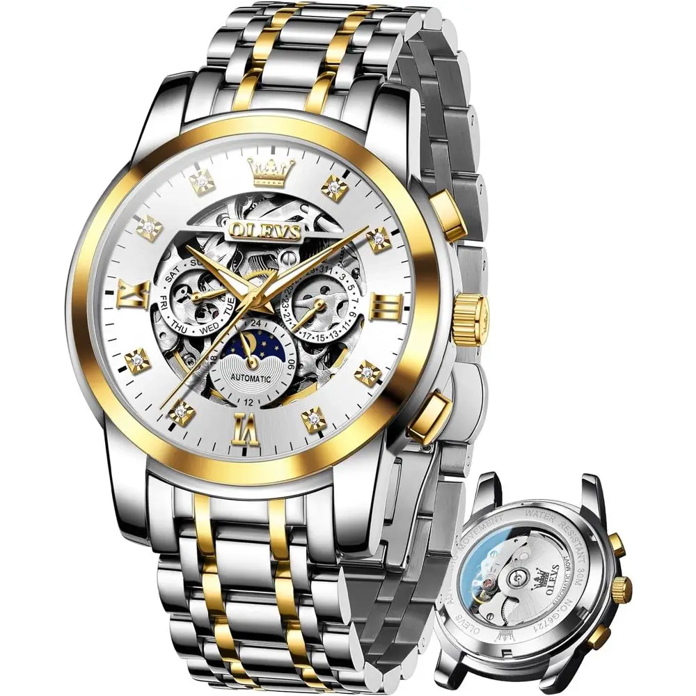 

Мужские автоматические часы OLEVS: роскошные механические часы-скелетоны с бриллиантами, фазами Луны, водонепроницаемые, с автоподзаводом, для джентльменов