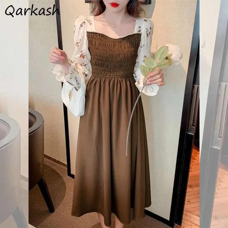 Fake Two Pieces Dresses Women Loose French Vintage Preppy Style Long Sleeve Pleated Square Collar 2023 New Girls Streetwear Chic