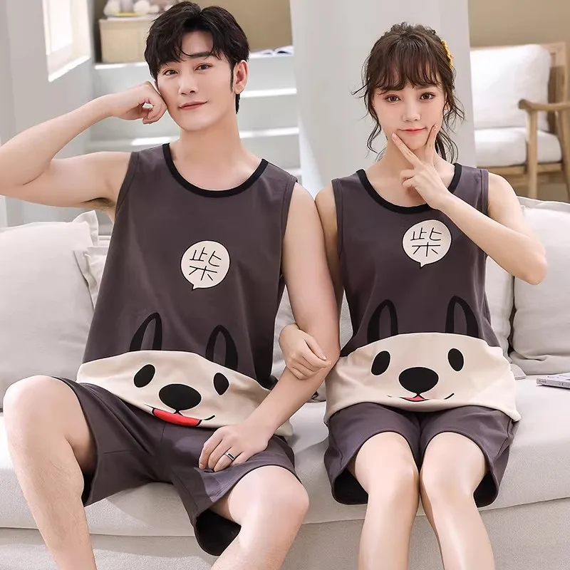 Cartoon Cute Bear Nightwear for Couples Summer Sleeveless Sleeping Top Shorts Home Clothes Women and Men Matching Pyjamas Hombre