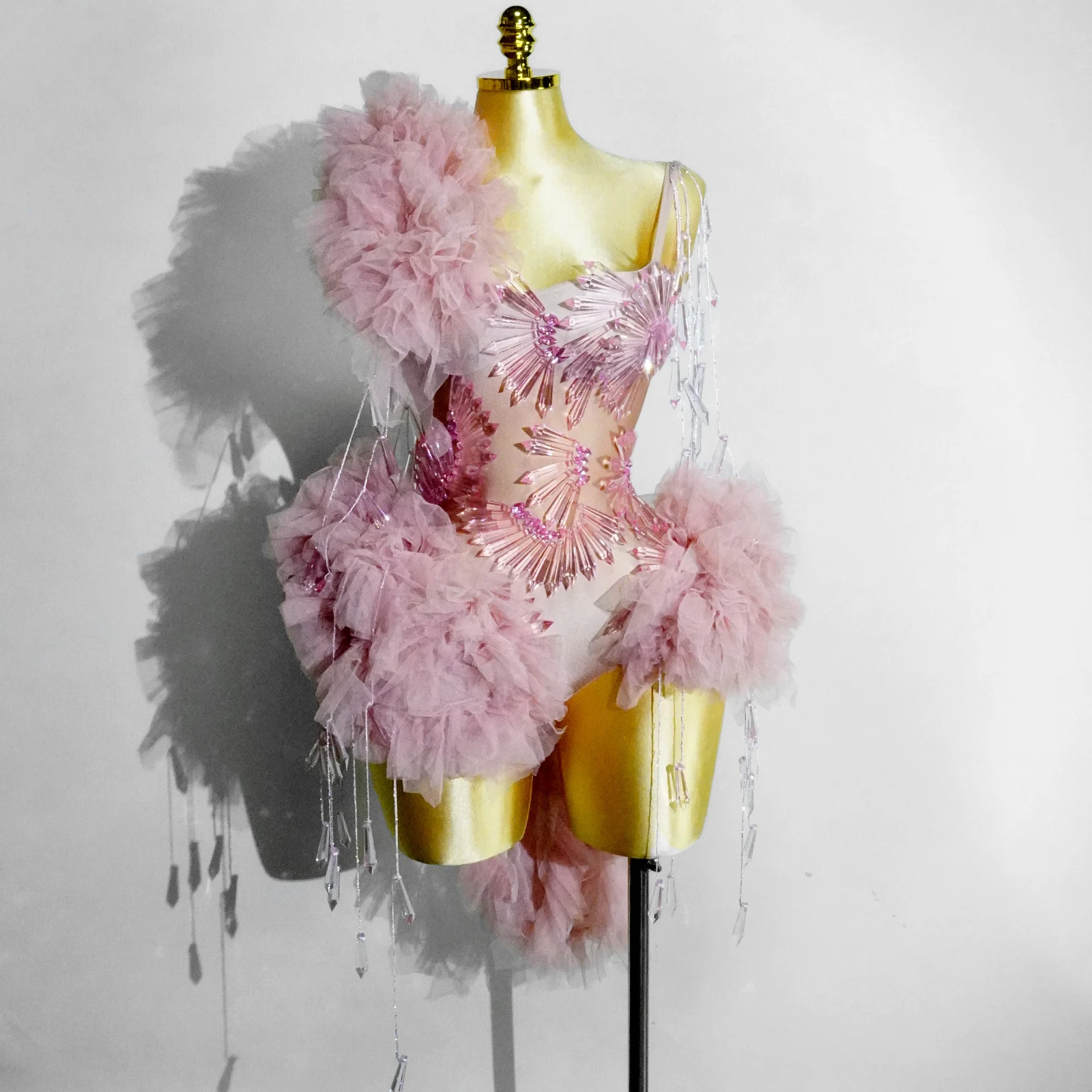 Sexy Pink Crystal Mesh Bodysuit Latin Dance Prom Girls Clothes Birthday Party Nightclub Stage Wear Performance Drag Queen Outfit