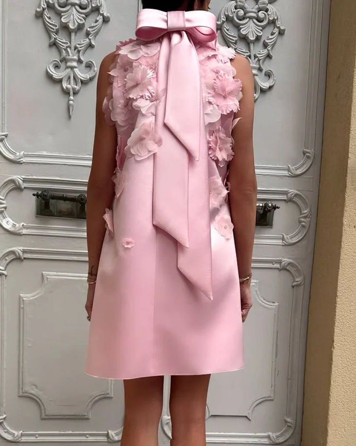 Pink Short Prom Homecoming Dresses with Bow Neck 3D Floral Customsized Suadi Arabian فساتين سهره فخمه Birthday Gala Gown