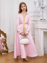 Eid Muslim Kids Girls Abaya Maxi Dress Turkey Kaftan Sashes Arab Long Robe Islamic Moroccan Vestidos Prayer Children Dresses