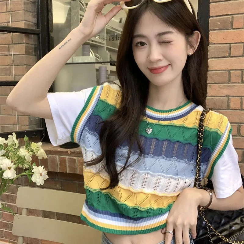 

Женская одежда, модные лоскутные свободные винтажные топы с короткими рукавами, новые летние повседневные футболки с круглым вырезом из двух предметов, ажурная футболка