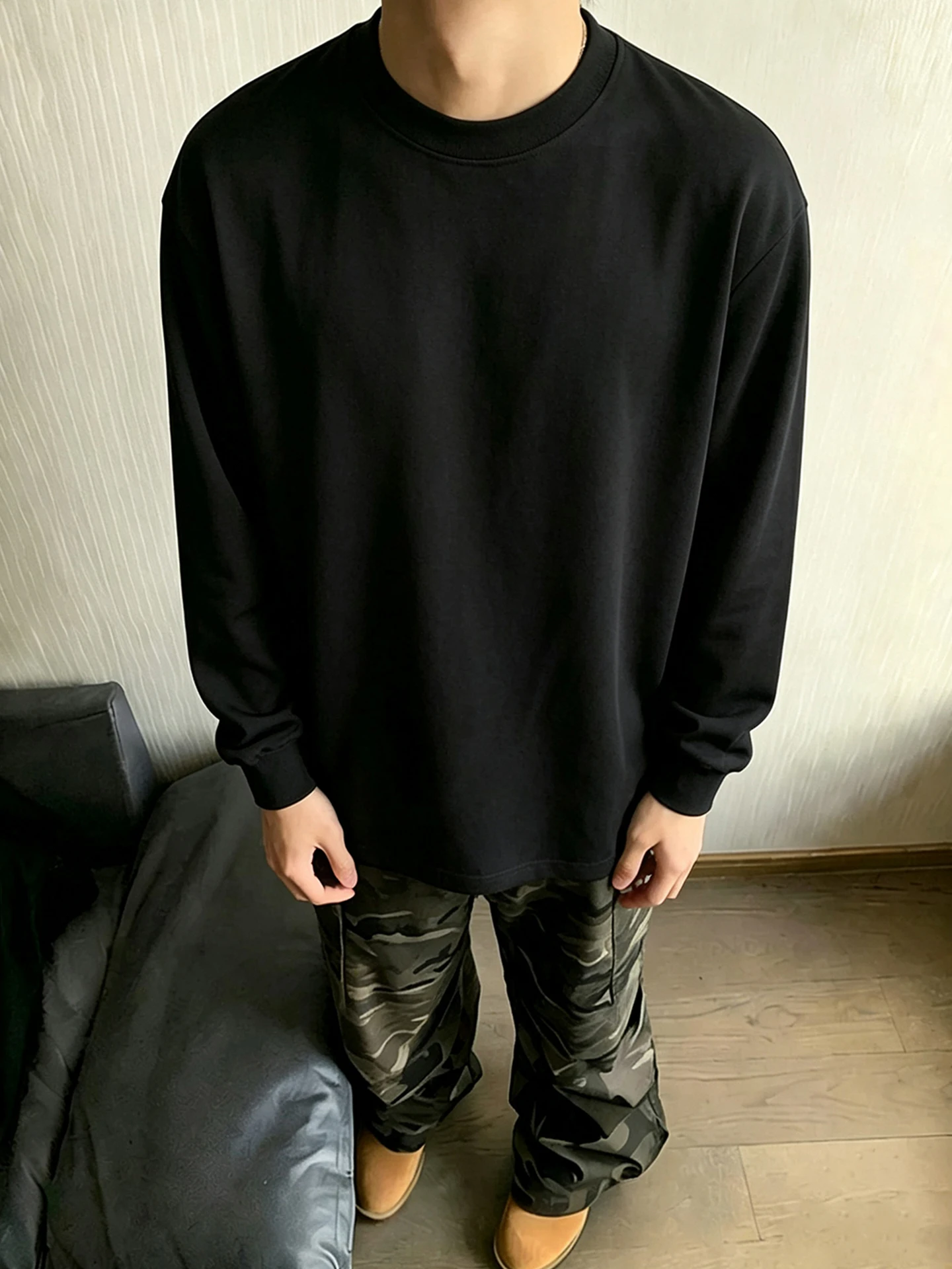 Pure Black Long Sleeve T-Shirt Men's Autumn Heavyweight Hoodless Sweatshirt Cleanfit Shoulder Level Inner Wear Base Shirt