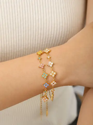 1 Piece Summer Dopamine Delicate Temperament Sweet Hundred Stainless Steel Rainbow Diamond Four-Leaf Clover Bracelet Female