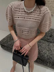 女性用半袖ニットセーター,ラウンドネック,カジュアルknitwear,スリムなデザイン,単色,中空アウト,夏のファッション,新品