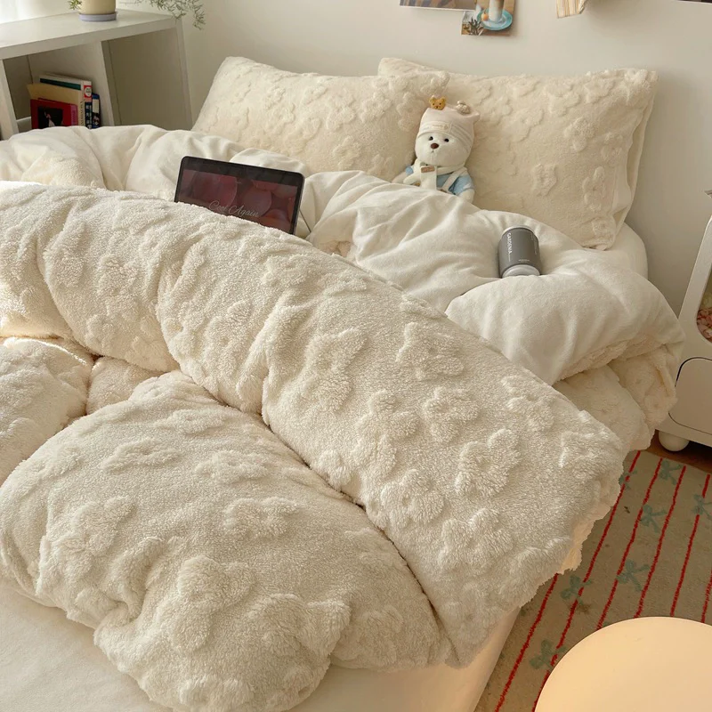 Pure Color Winter Thickened Milk Fleece 4pcs Bedding Sets Plain Flower Warm Quilt Cover Bedspread for Kids Bedroom