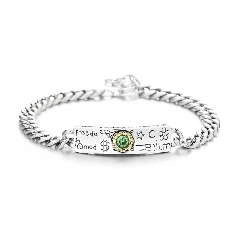 

S925 Sterling Silver Street Graffiti Style Bracelet Chic Trend Inlaid Green Zircon Personalities Men Women Korean Version Gift