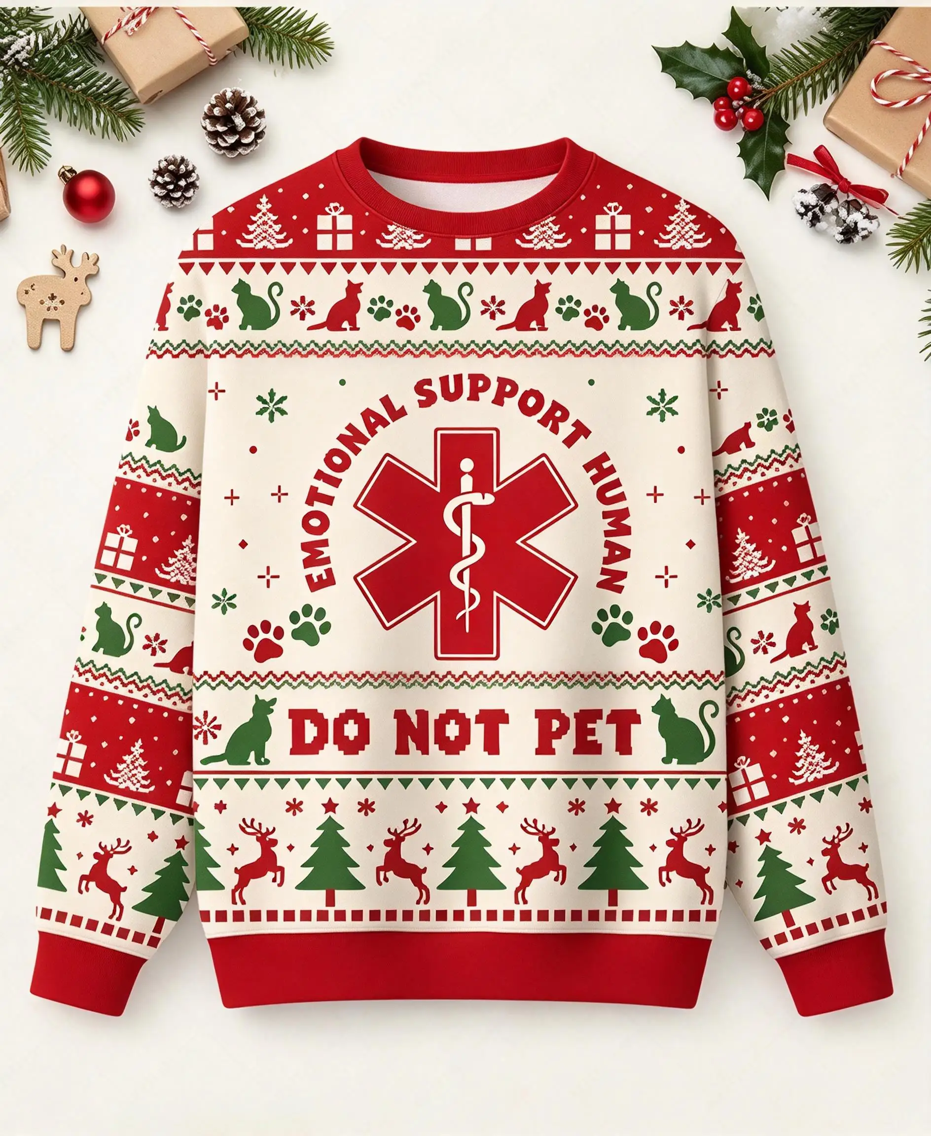 Men Christmas Round Neck Sweatshirt, Medical Star Symbol Cat Paw 