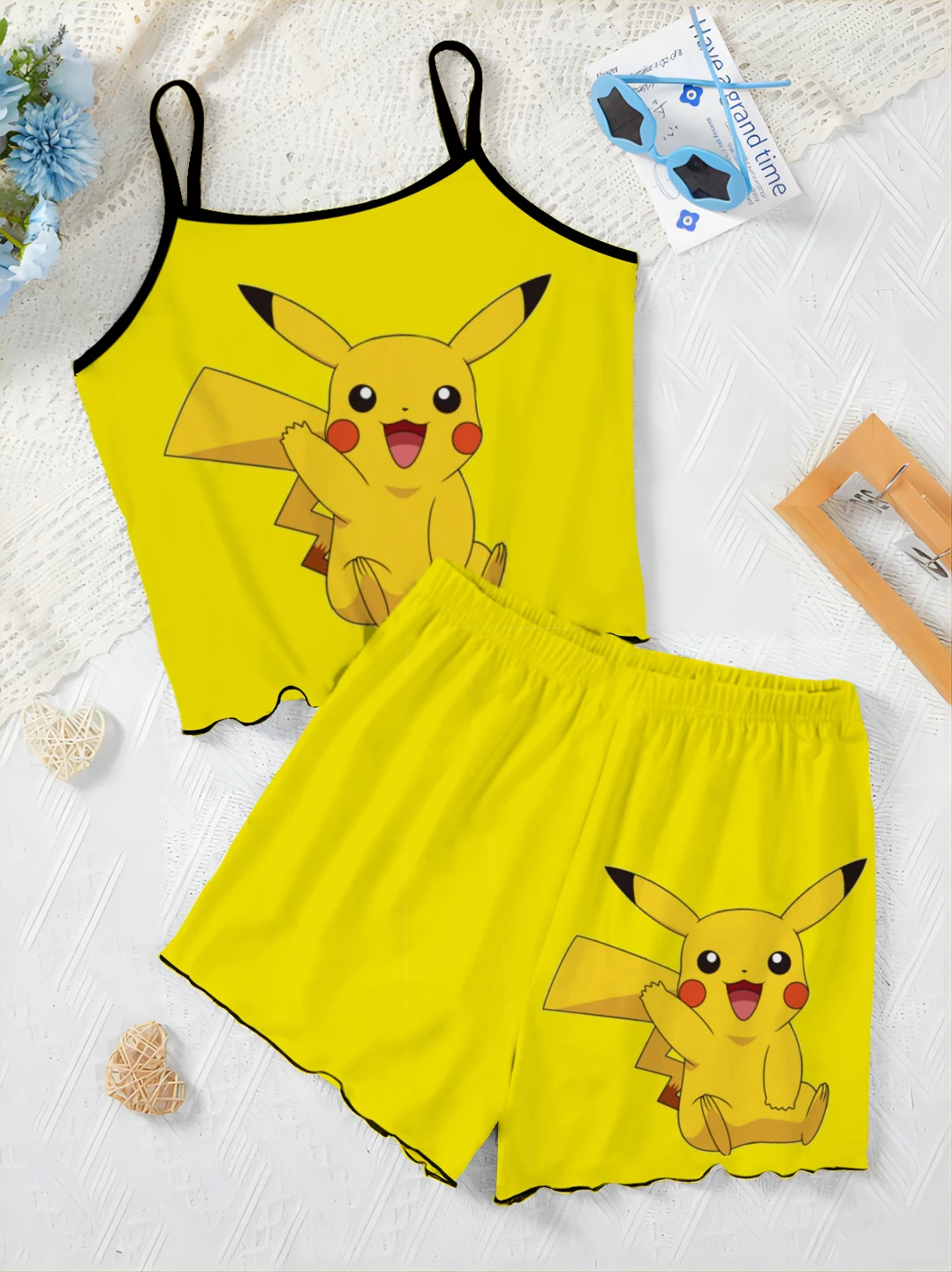 Short Sets for Women 2 Pieces Top Lettuce Trim Home Dress Pajama Skirt Women\'s Suit T-shirt Pikachu Pokémon Elegant Slip Dress