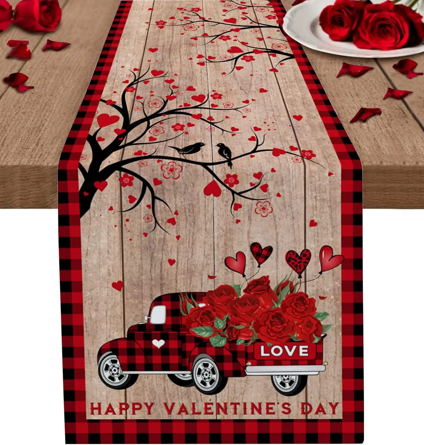 Valentine's Day Red Truck Love Heart Wood Grain Linen Table Runner Party Decor Farmhouse Kitchen Table Runner Wedding Decoration