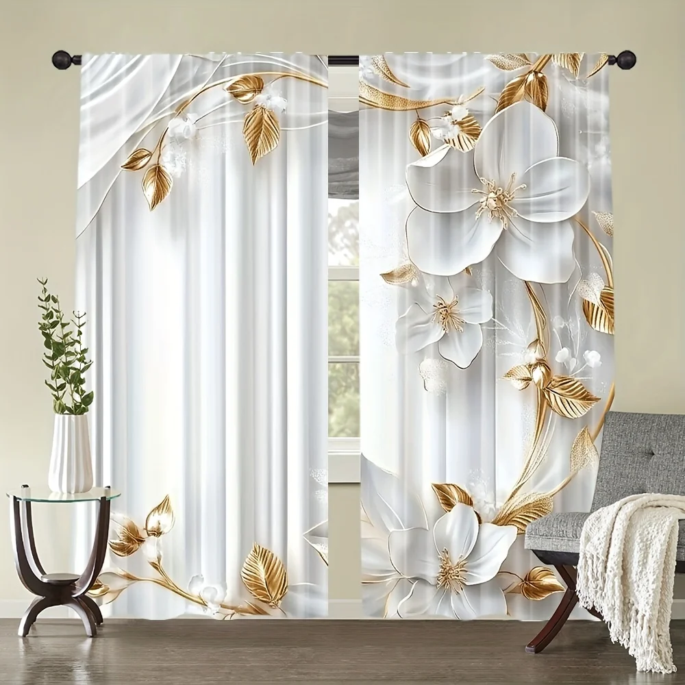 2pcs Elegant White Floral Print Sheer Polyester Curtains with Gold Accents & Rod Pocket,for Bedroom, Living Room, Kitchen & More
